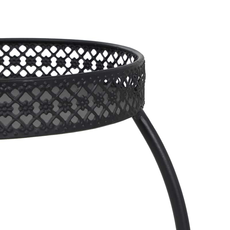 Black Metal Curved Folding 3 Tier Indoor Outdoor Plantstand with Floral and Scroll Patterns