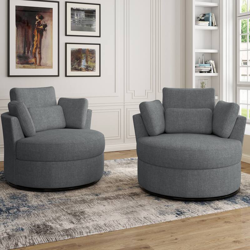 Upholstered Swivel Barrel Armchair with Storage Ottoman (Set of 2) - Chair set - Grey Chenille