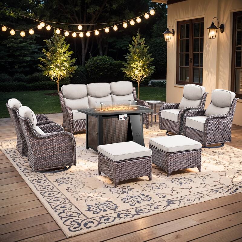 Pocassy Patio Furniture Set with 43 inch Fire Pit Table - Beige Cushion Brown Wicker - 9-Piece Sofa Siwvel Chair Ottoman w/ Fire Table