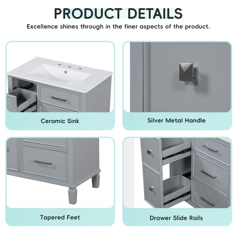 30 Inch Bathroom Vanity with Ceramic Sink, Flip-Out Drawer Design for Plumbing, Painted MDF Cabinet with Solid Wood Legs