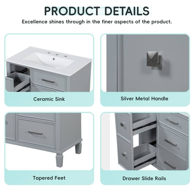 Modern 30 Inch Freestanding Bathroom Vanity with Ceramic Sink, U-Shape Drawer, 4 Drawers & Painted MDF Frame