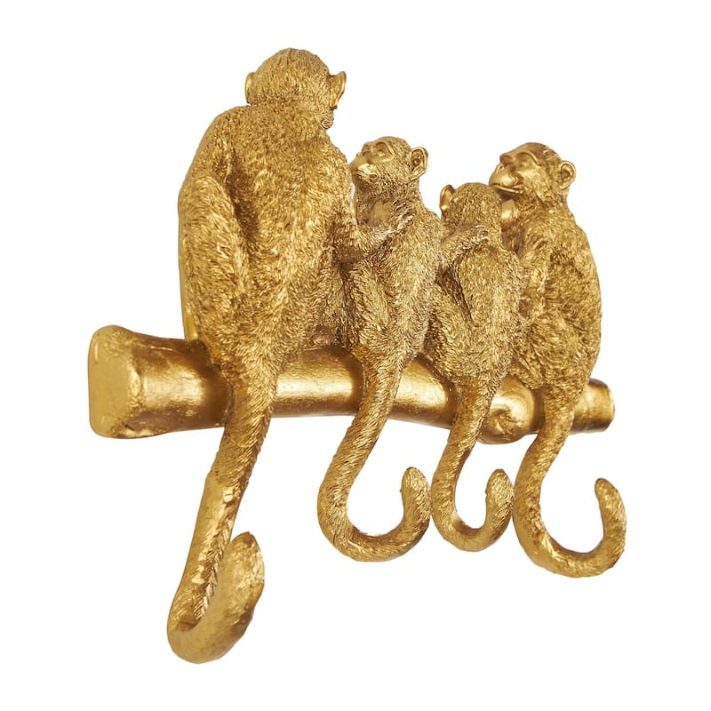 Polystone Monkey Textured 4 Hanger Wall Hook - Gold - Roche River Decor