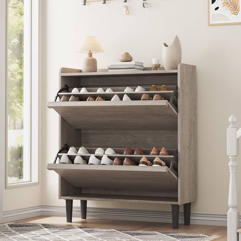 Shoe Cabinet with 3/2/4 Flip Drawers, Modern Shoe Storage for Entryway, Wooden Shoe Organizer Cabinet - 2-Drawers gray