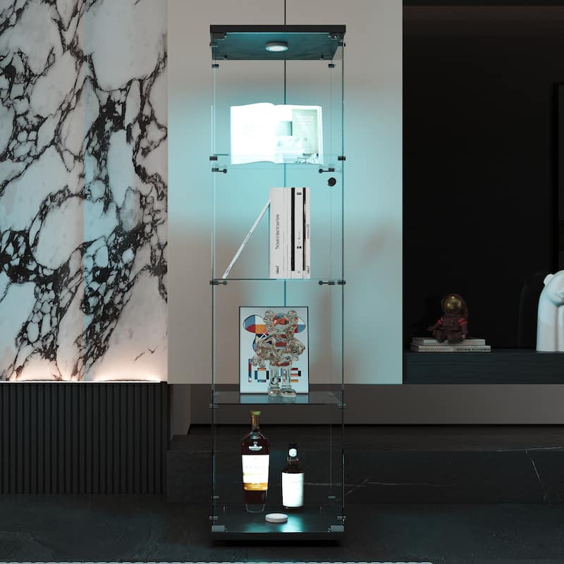 LED Lights Glass Display Cabinet w/4 Shelves, Solid Tempered Glass Floor Standing Curio Bookshelf for Living Room Bedroom Office