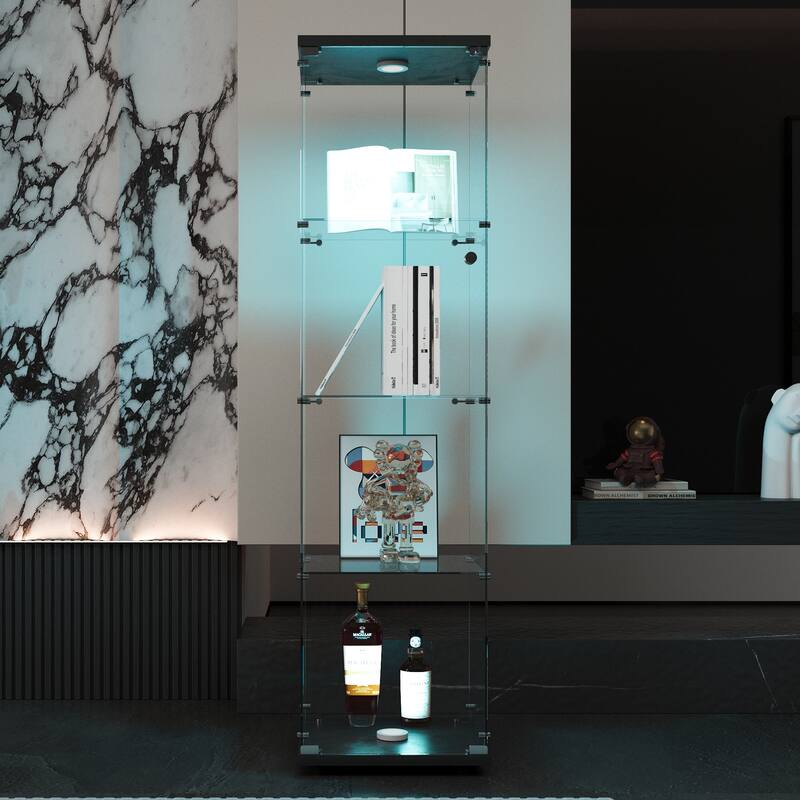 LED lights Glass Display Cabinet 4 Shelves with Door, Floor Standing Curio Bookshelf for Living Room Bedroom Office