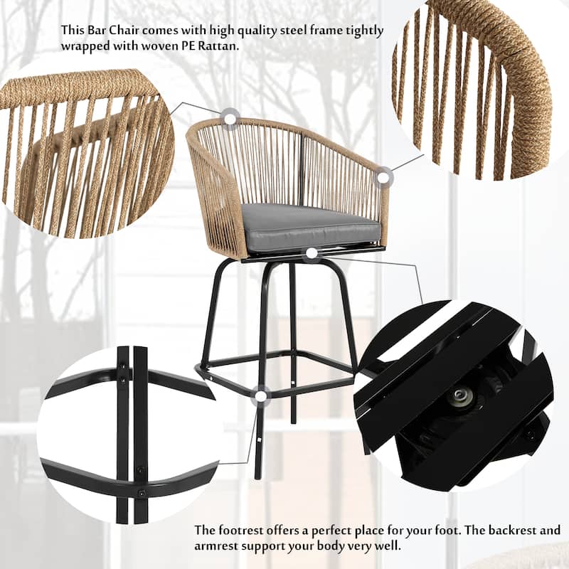 Outdoor Bar Stools Set of 4,All-Weather PE Rattan Bar Chairs with Armrests and Backrest