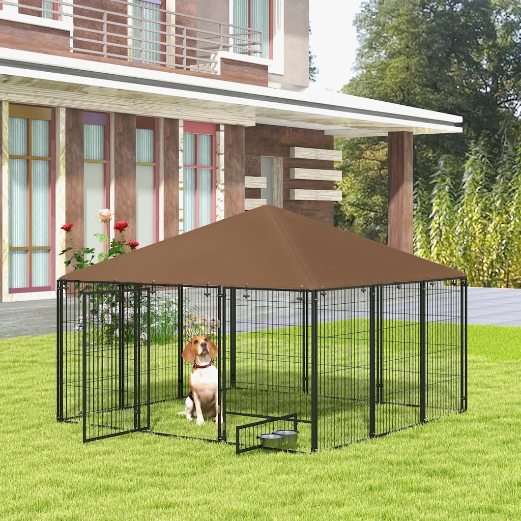 Black-Brown Metal and Oxford Cloth Outdoor Dog Kennel with Roof and Bowls - 82.8" L x 82.8" W x 60" H