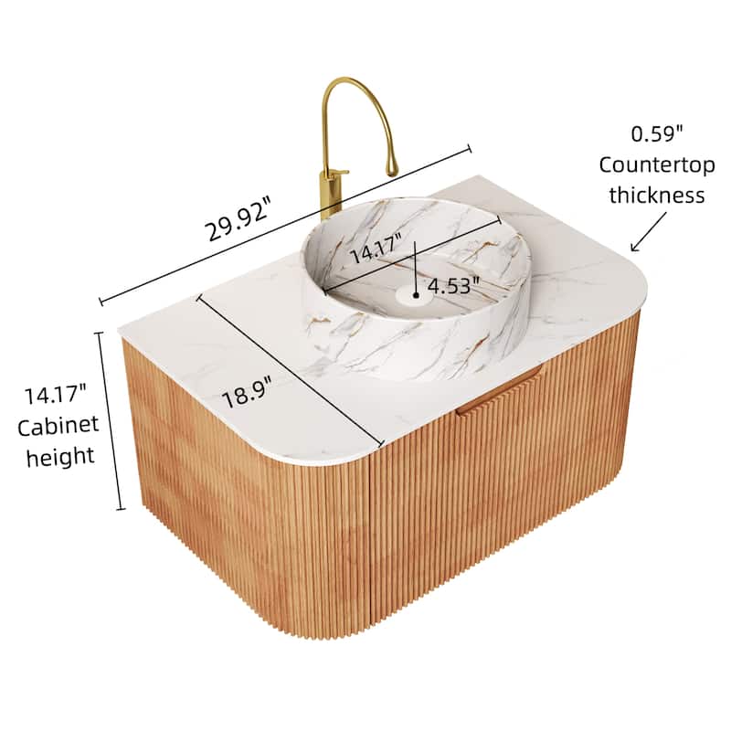 30" Bathroom Vanity, Wall-Mounted Floating Curved Edges Striped Bathroom Storage Cabinet with Drawer, White Round Ceramic Basin