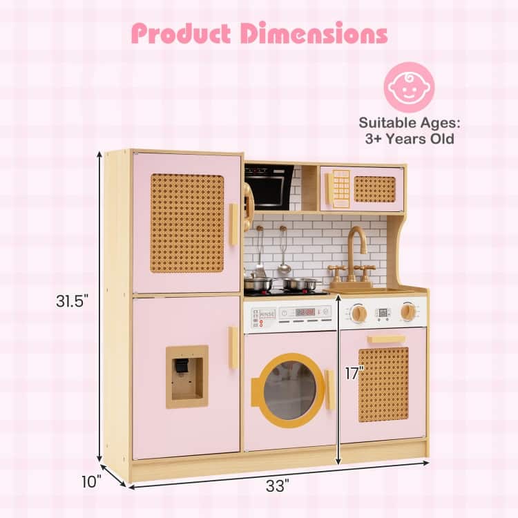 MDF Rattan Kids Play Kitchen with Lights, Sounds and Accessories - 33" × 10" × 31.5"