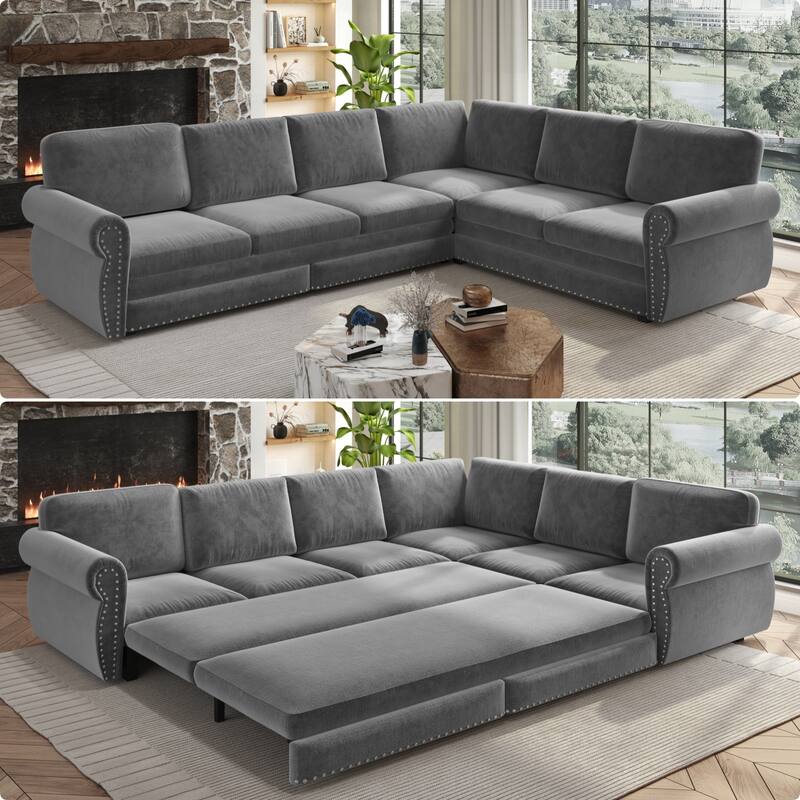 L-Shaped Sofa Couch with Pull-Out Bed, Convertible Sleeper Sofa with Nailhead Trim & Rolled Arms, Chenille Upholstered Couch - Light Gray