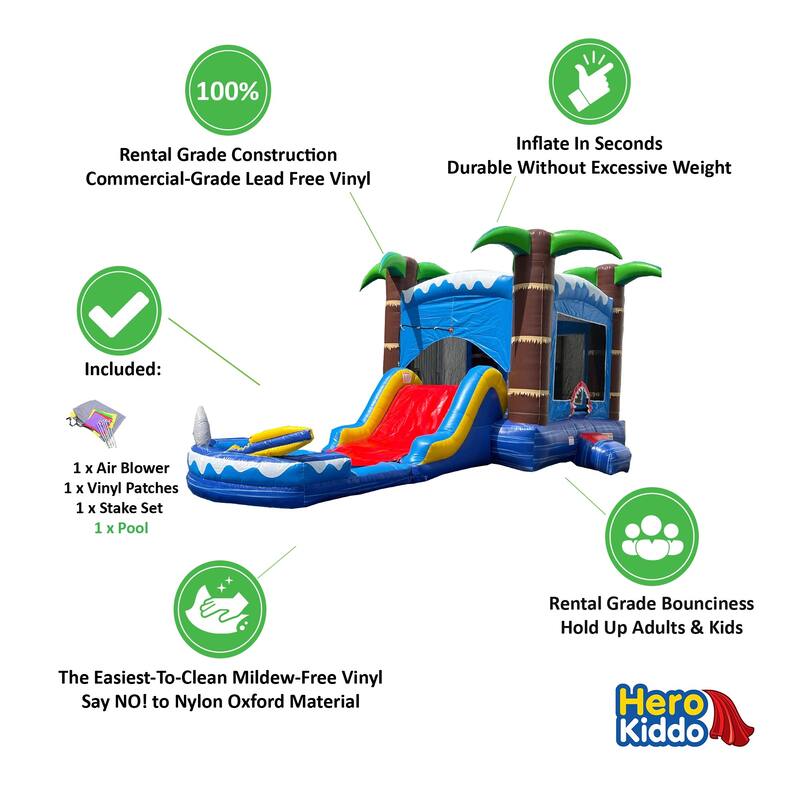 HeroKiddo Ocean Commercial Grade Inflatable Water Slide Bounce House Combo with Splash Pool (with Air Blower), Lightweight