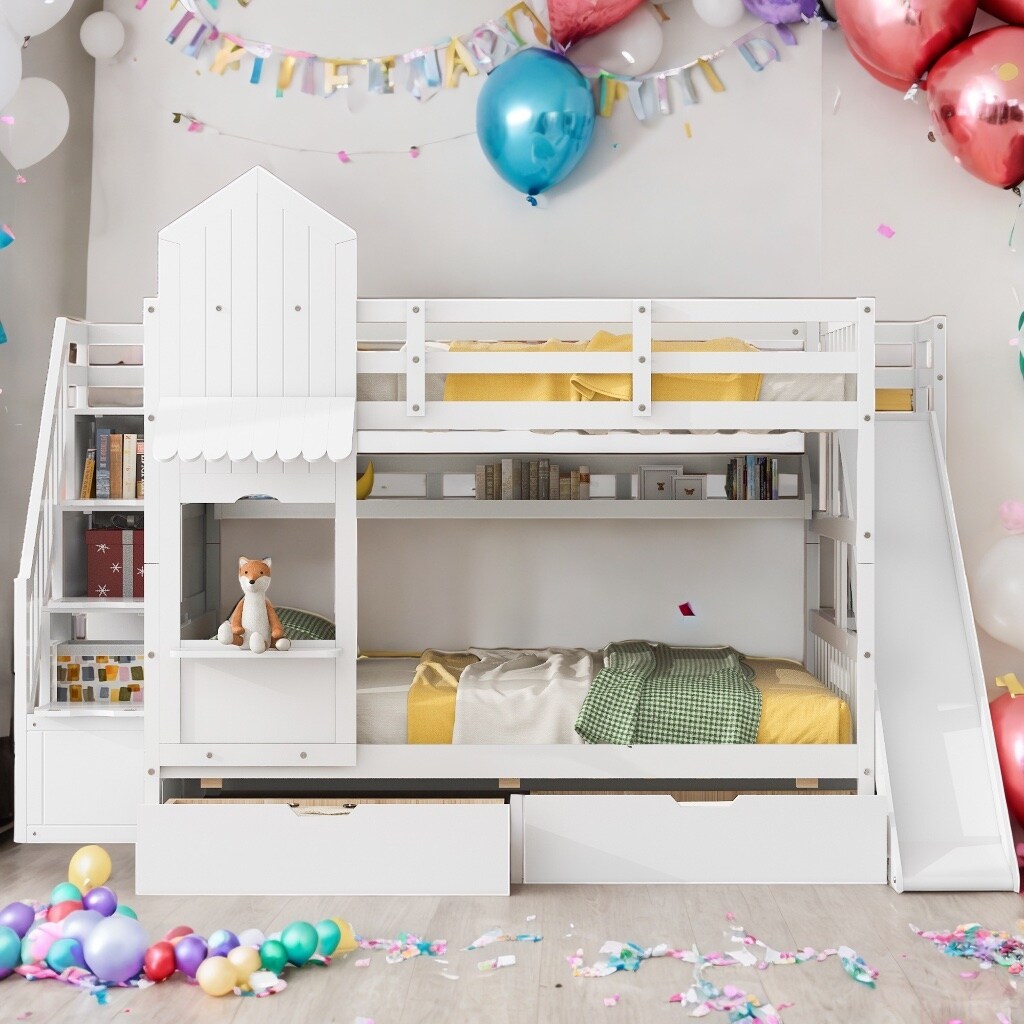 Full-Over-Full Castle Style Bunk Bed with 2 Drawers 3 Shelves and Slide - White