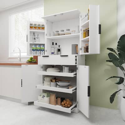 72" Fluted Kitchen Pantry Cabinet with 3 Keyboard Drawers & 6 Door Shelves Adjustable, Freestanding Cupboard Storage Cabinet