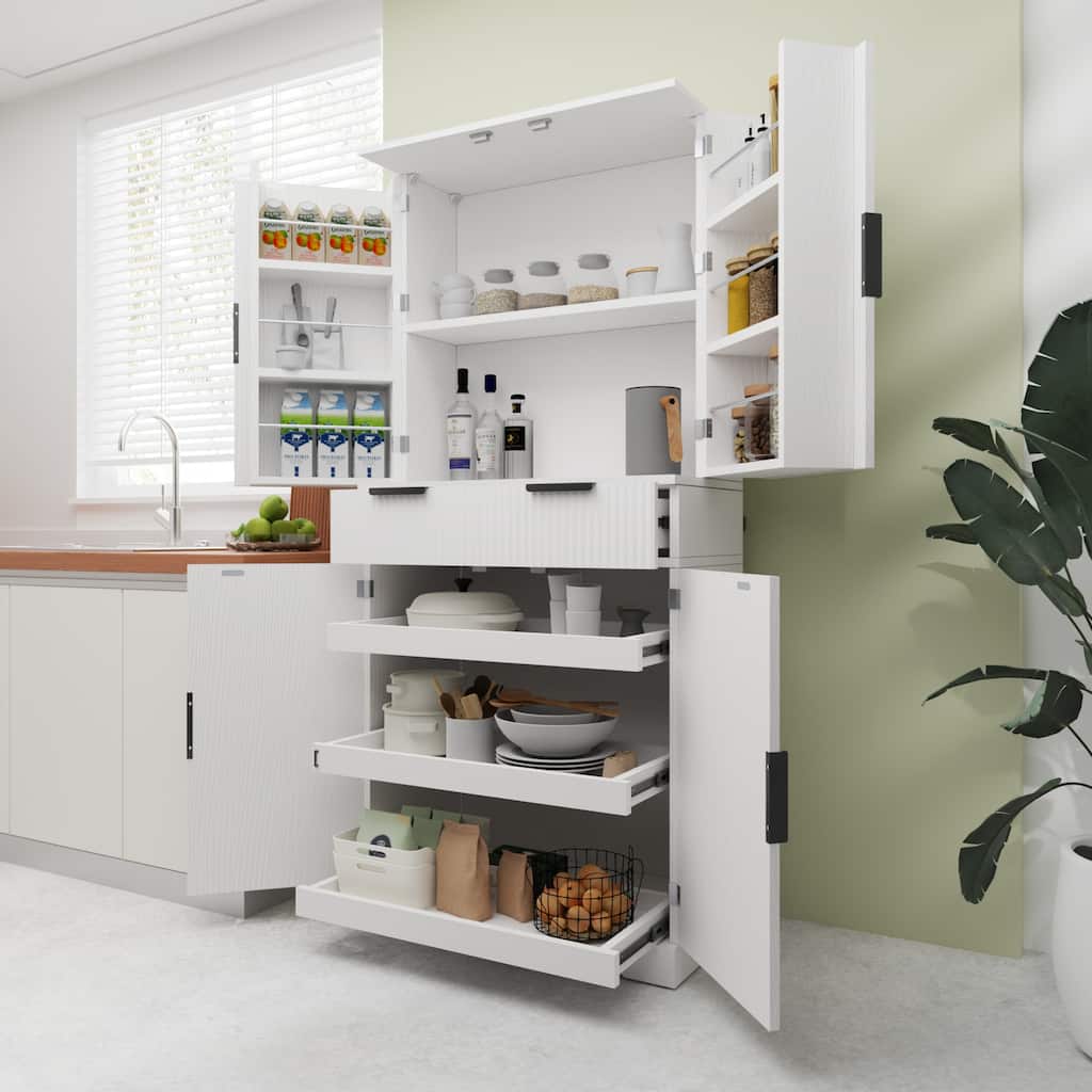 72" Fluted Kitchen Pantry Cabinet with 3 Keyboard Drawers & 6 Door Shelves Adjustable, Freestanding Cupboard Storage Cabinet