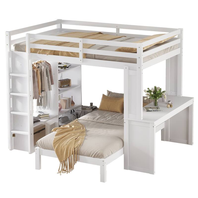 Roomfitters Full/Queen Solid Wood Bunk Bed with Dismountable Lower Bed, Desk, Shelves & Wardrobe, Convertible Loft
