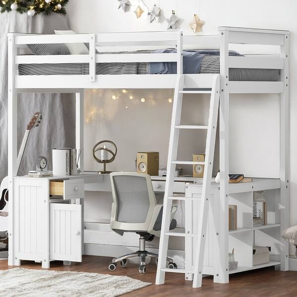 slide 2 of 20, Twin Loft Bed with U-shaped Desk, Drawers and Storage Shelves, White White