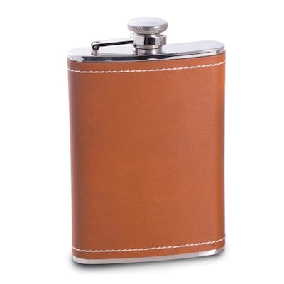 Curata 8 Ounce Stainless Steel Saddle Brown Genuine Leather and White Stitch Flask