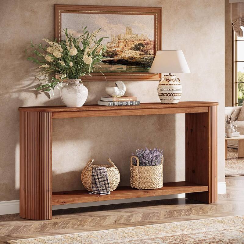 63" Solid Wood Farmhouse 2-Tier Narrow Long Console Table for Entryway - 11.8"D × 63"W × 31.5"H
