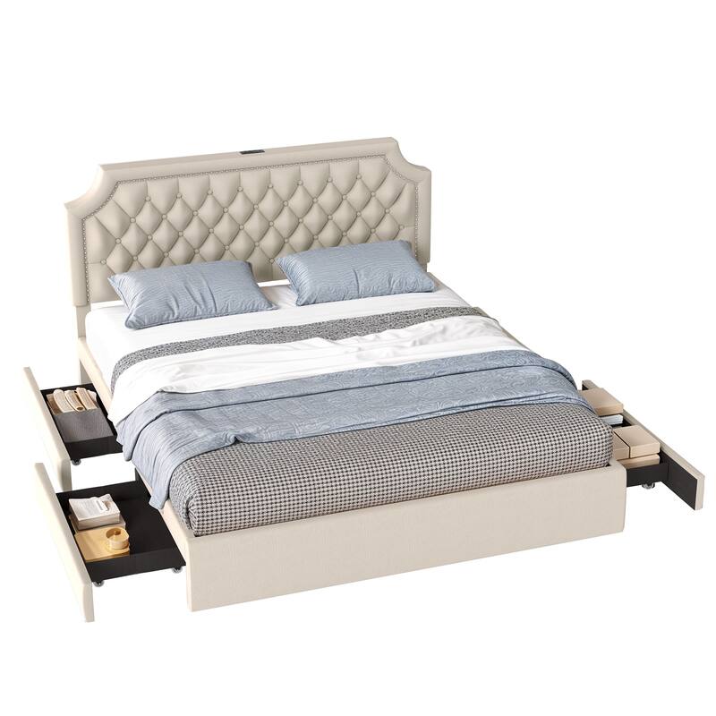 Moasis Velvet/Linen Upholstered Bedframe with Adjustable Headboard and 4 Storage Drawers - Velvet Beige - King