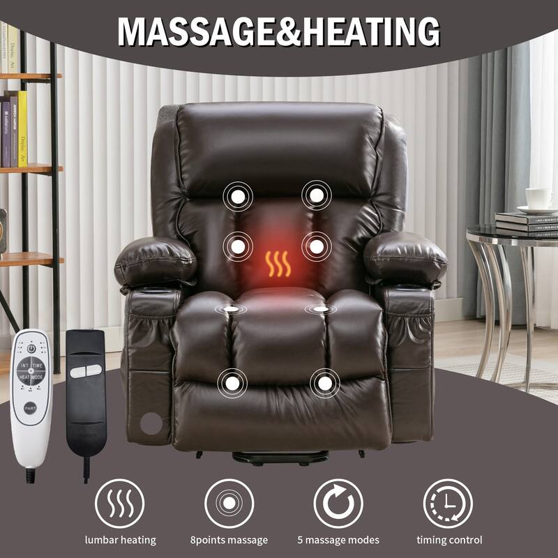 Power Lift Faux Leather Recliner Chair with Massage, Heat, USB Port, and Dual Storage Pockets