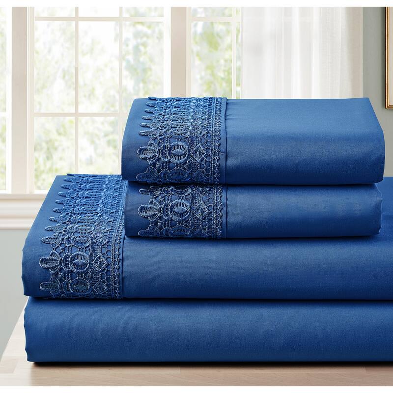 SL SPIRIT LINEN HOME EST. 1988 Lace Sheet Set - Double Brushed Microfiber - Navy - Full