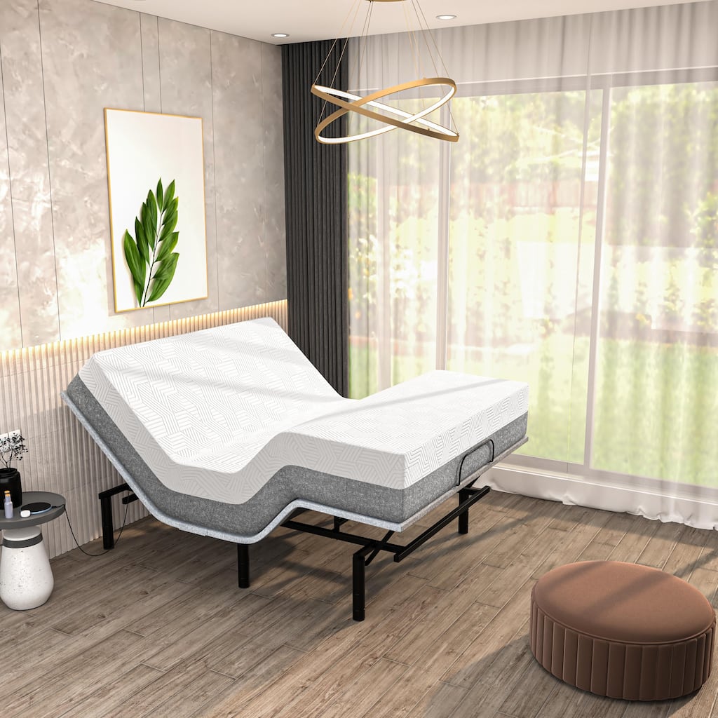 Renanim SF Adjustable Base w/ 12" Hybrid Mattress, Massage, USB, Underbed Light, App, Head & Foot Incline
