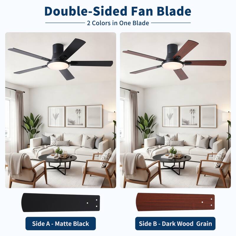 52 Inch Modern Minimalist Flush Mount Ceiling Fan with Light, Reversible DC Motor, Remote, Double-Sided Blades