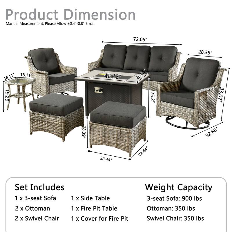 XIZZI 7-piece Patio Wicker Furniture High Back Chair Set with Firepit Table