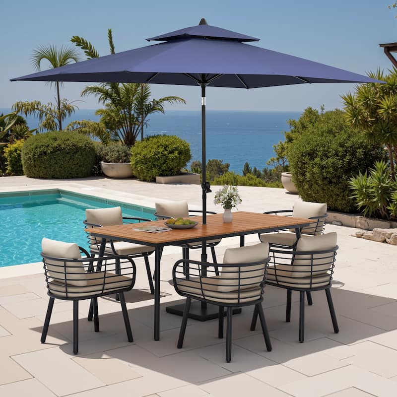 9PC Outdoor Patio Dining Set Aluminum Table with Sunbrella Cushion Chairs w/ Market Umbrella Sets - BrownTable&CabChairs&NavyBlueUmbrella