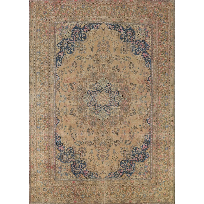 Mashad Persian Vintage Rug Hand-Knotted Traditional Wool Carpet - 9'7" x 12'10"