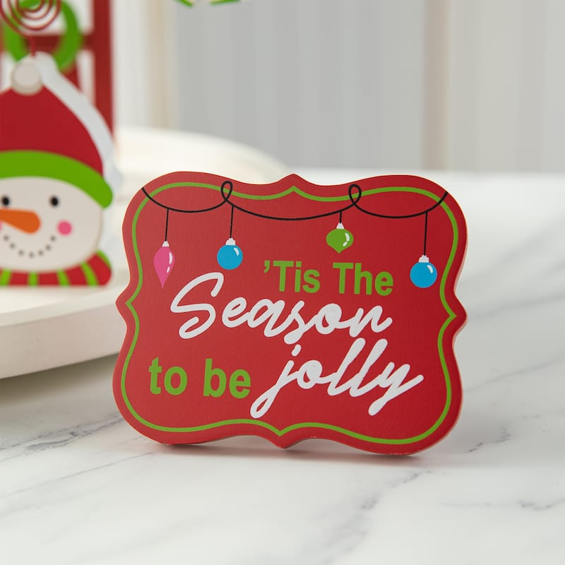 Glitzhome Set of 11 Christmas Wooden Word Signs Fabric Santa Bead Garlands Tiered Tray Set Xmas Table Decor