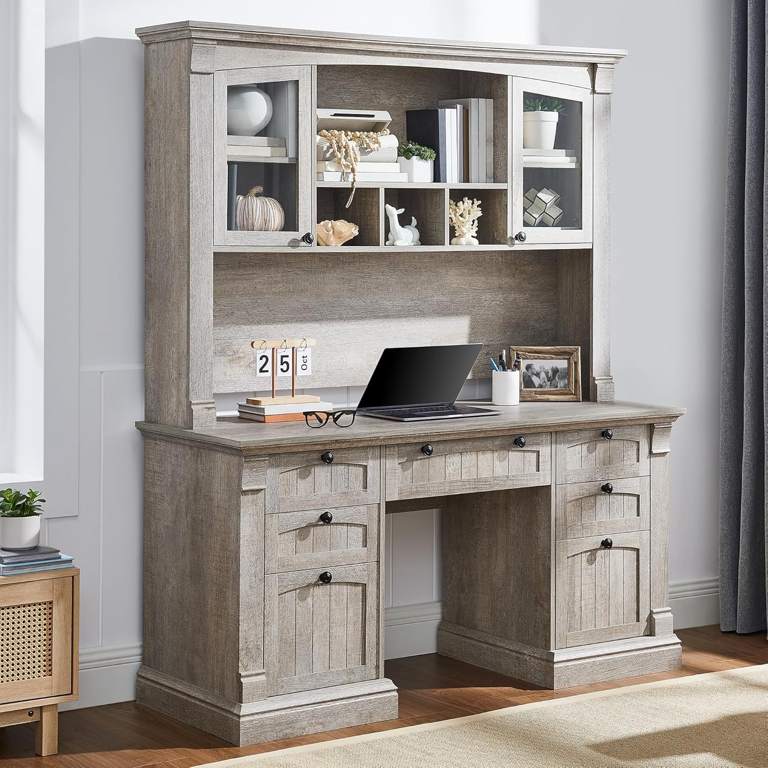 Farmhouse Computer Desk with Hutch, Wood Home Office Desk