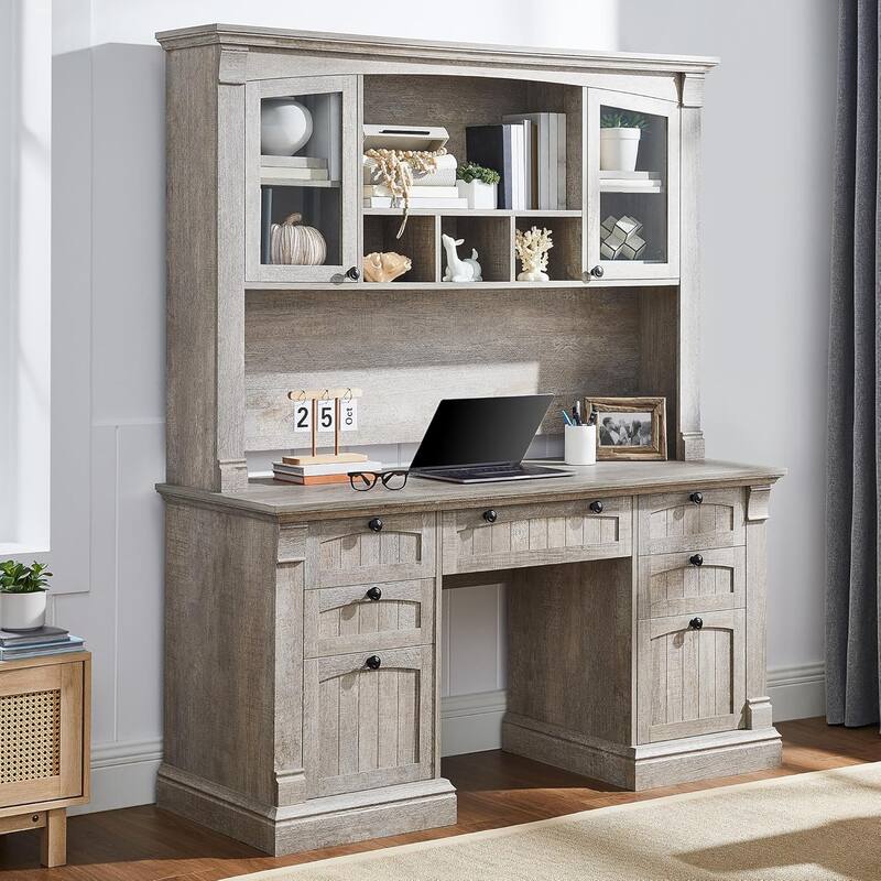 Farmhouse Computer Desk with Hutch, Wood Home Office Desk - Light Rustic Oak