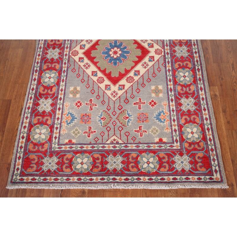 Gray Geometric Kazak Foyer Rug Hand-Knotted Hallway Wool Carpet - 3'3" x 4'4"