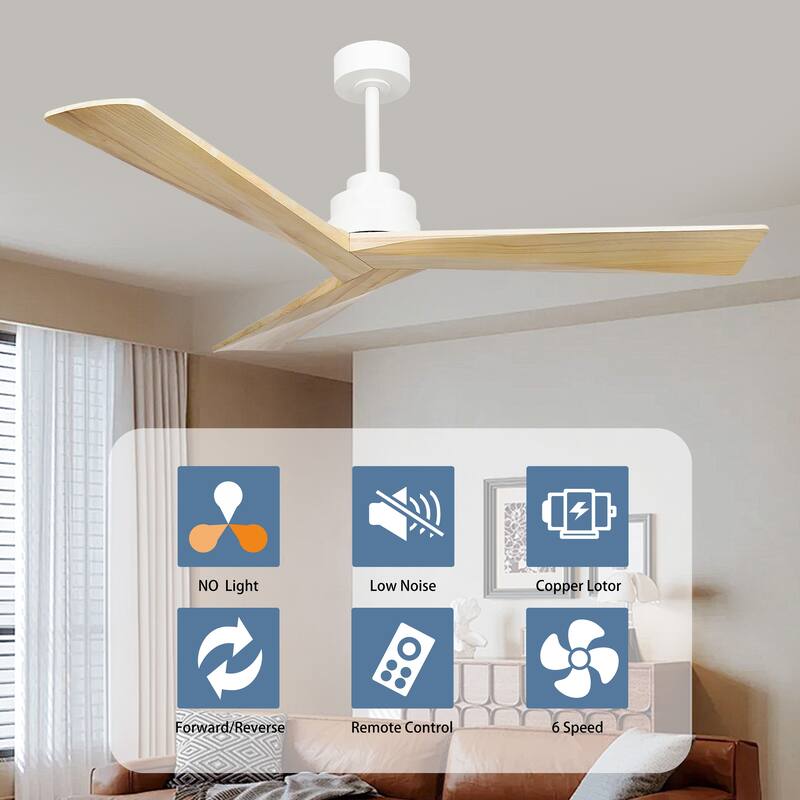 52 inch Wood Ceiling Fan No Light 3 Reversible Blades 6 Speed Low Profile Living Room Kitchen