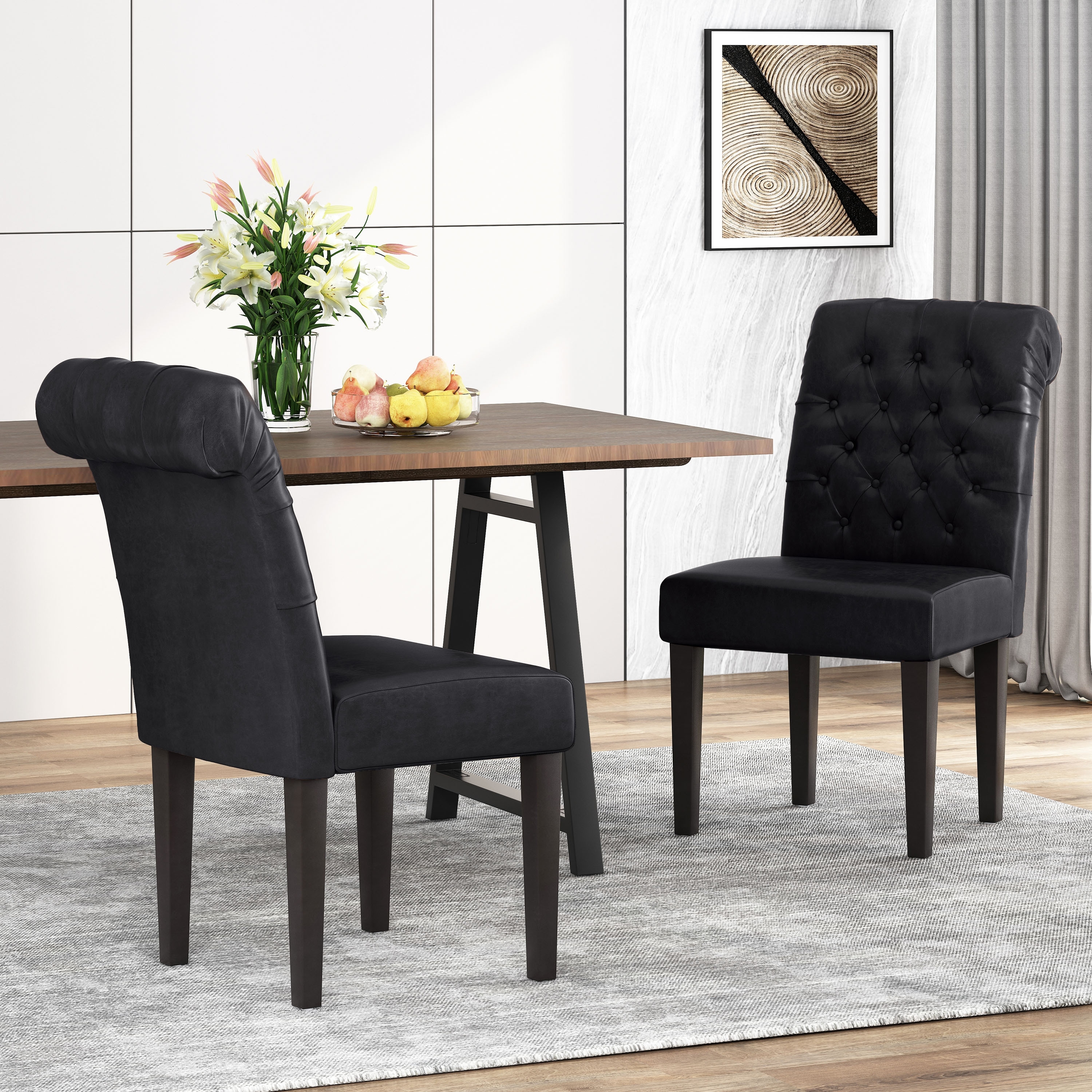 Roomfitters Set of 2 Black Tufted Dining Chairs, Upholstered Roll Top Kitchen Seating with Sturdy Legs, Elegant Padded Accent
