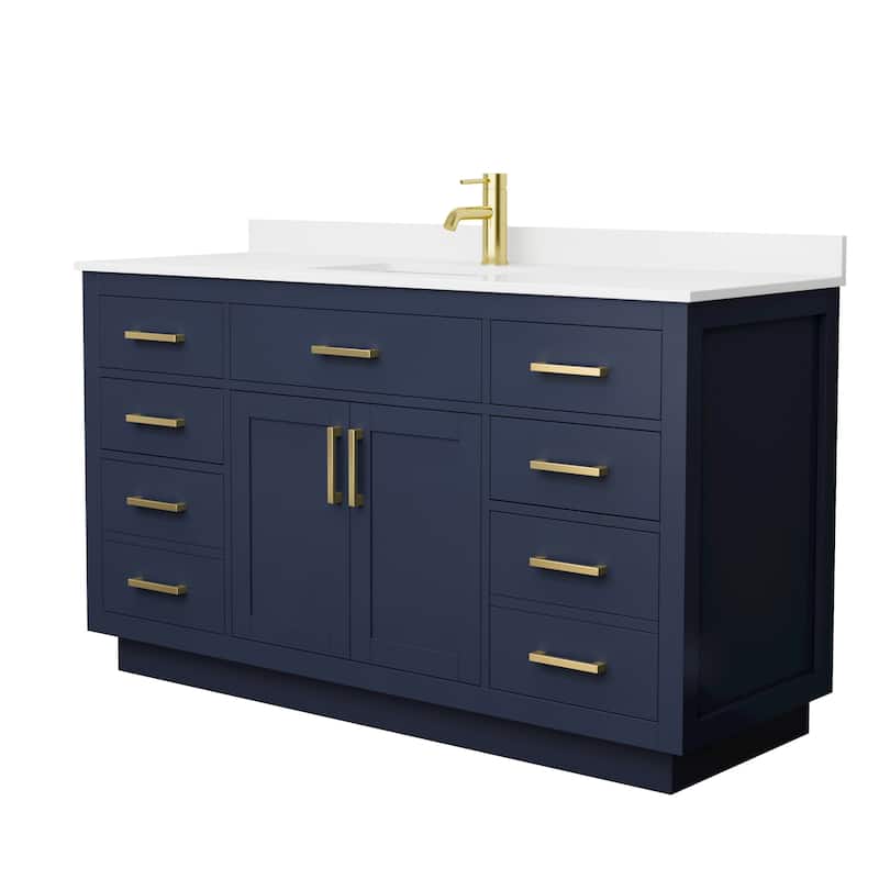 Beckett TK 60-inch Single Vanity, Single Hole Quartz Top - Dark Blue, Gold Trim, White Quartz Top