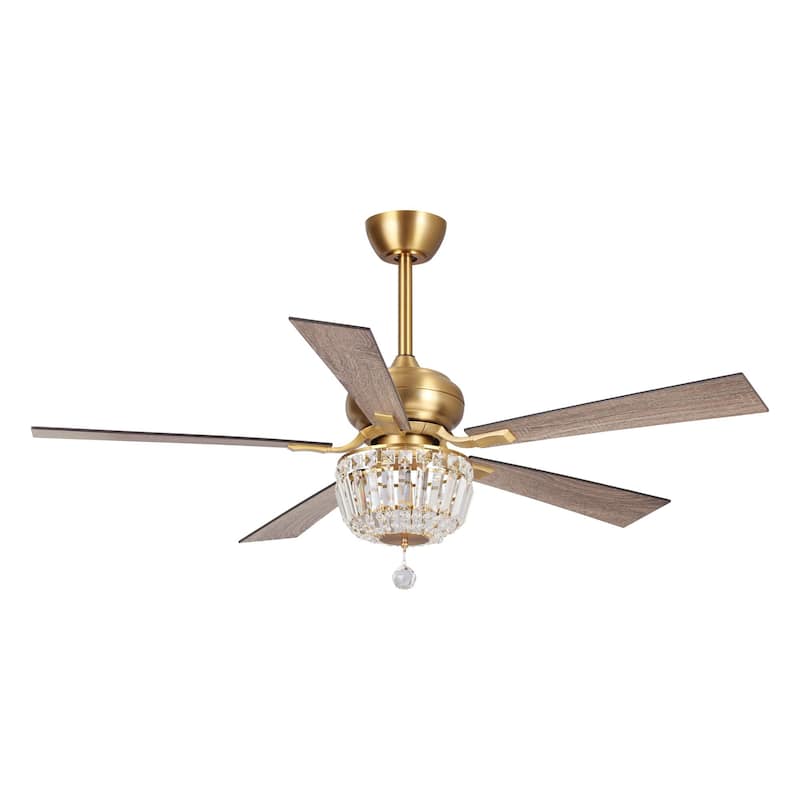52-inch Brush Gold Wood 5-Blade Crystal LED Ceiling Fan with Remote