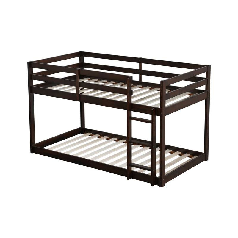 Roomfitters Solid Rubber Wood Twin over Twin Floor Bunk Bed with Ladder, Reinforced Slat Platforms, Low Height Design