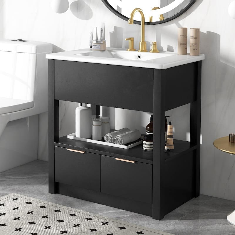 30 in.W Bathroom Vanity Cabinet with Sink Top with Open Storage Shelf - Black