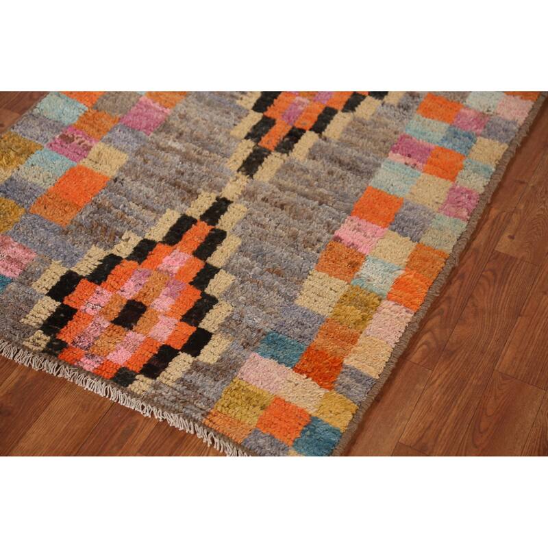 Checkered Moroccan Oriental Runner Rug Handmade Tribal Wool Carpet - 2'10" x 12'8"