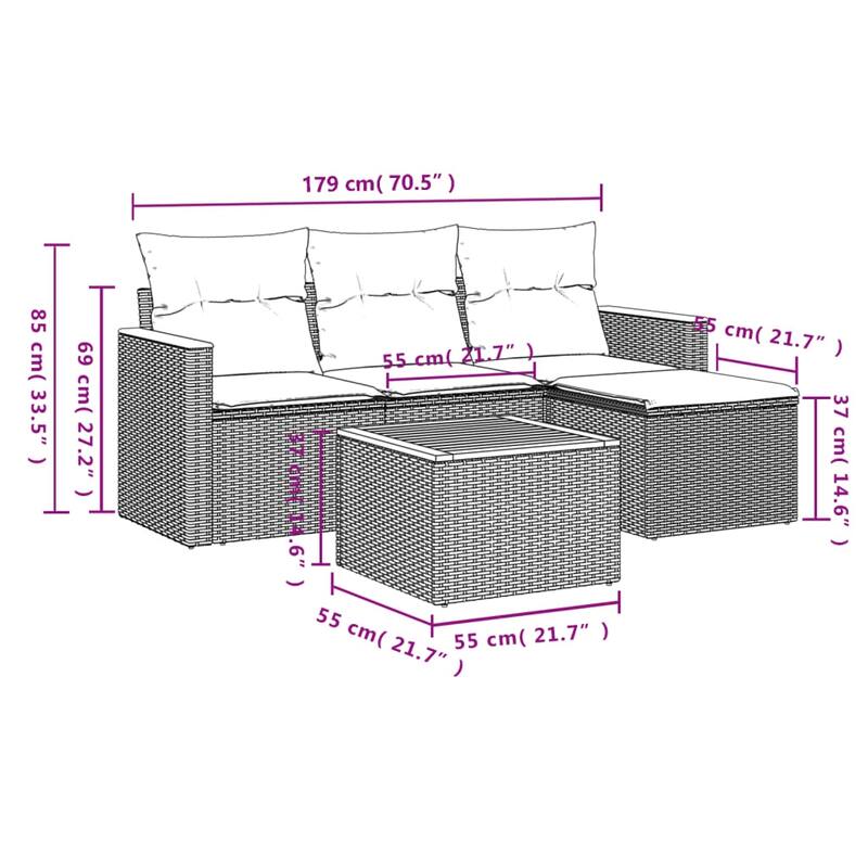 vidaXL Patio Sofa Set with Cushions Outdoor Conversation Furniture Poly Rattan - 21.7x 24.4x 27.2