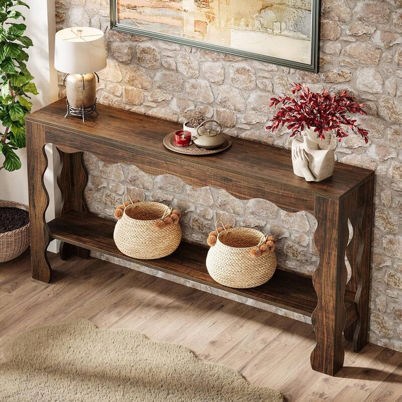 63 Inch Modern Rustic Console Table with Scalloped Edge & Storage Shelf, Accent Narrow Long Sofa Table Behind Couch Tables