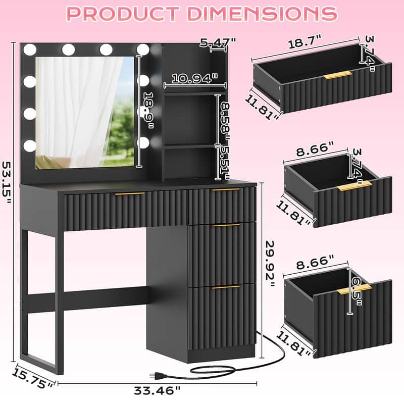 Particle Board Veneered with Textured Melamine 4-drawer 2-shelf with 10 Three-color Dimmable Bulbs Dressing Table - N/A