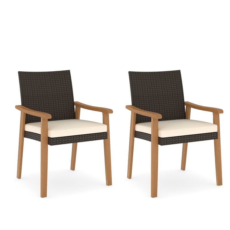Gymax Patio Dining Chair 2 PCS w/Cushion Wood Armrests Metal Frame for - Beige