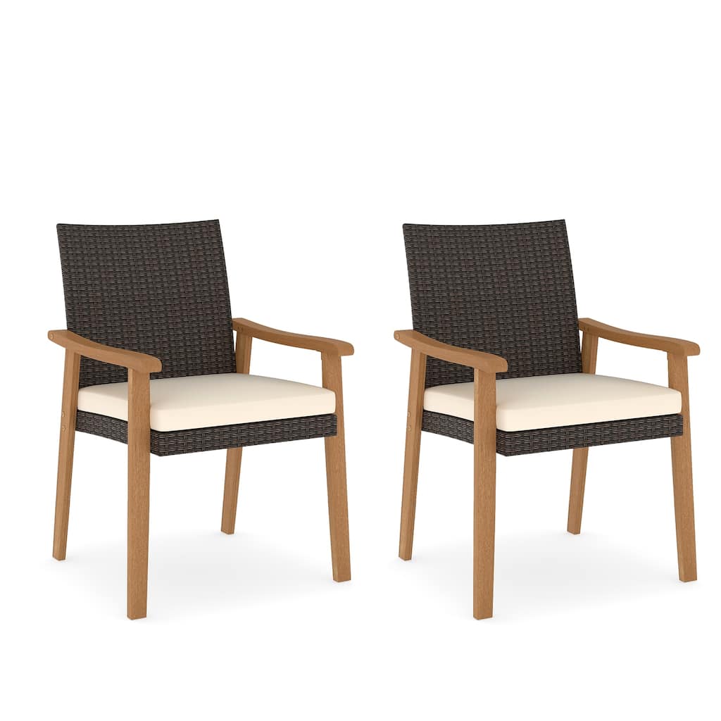 Gymax Patio Dining Chair 2 PCS w/Cushion Wood Armrests Metal Frame for