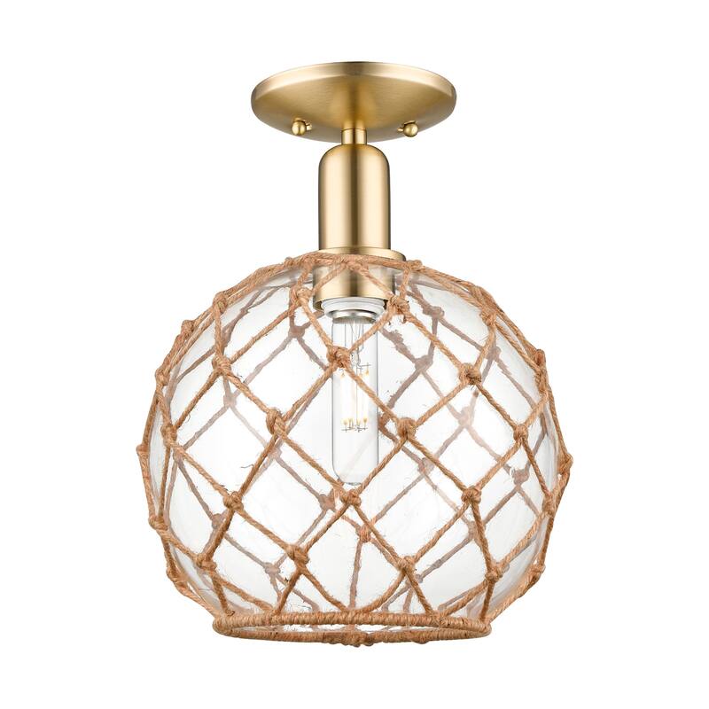 Innovations Lighting 716-1C-14-10 Farmhouse Rope Semi-Flush Farmhouse - Champagne Bronze / Clear Glass with Brown Rope