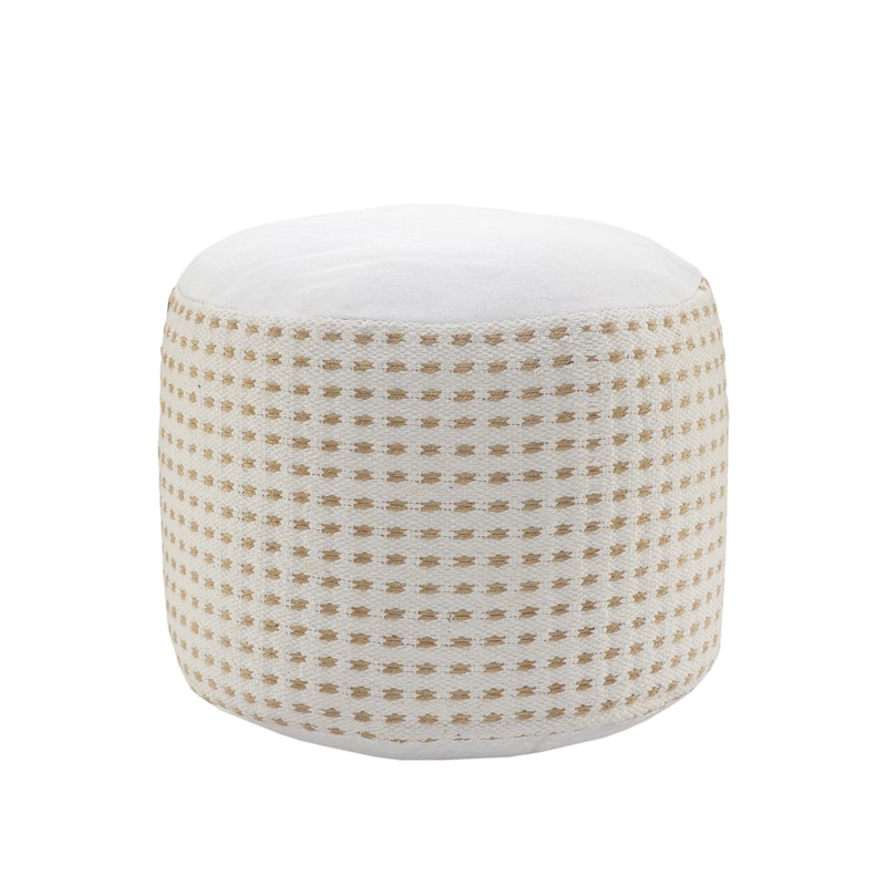 18-Inch White Jute Blend Round Ottoman with Geometric Design for Living Room