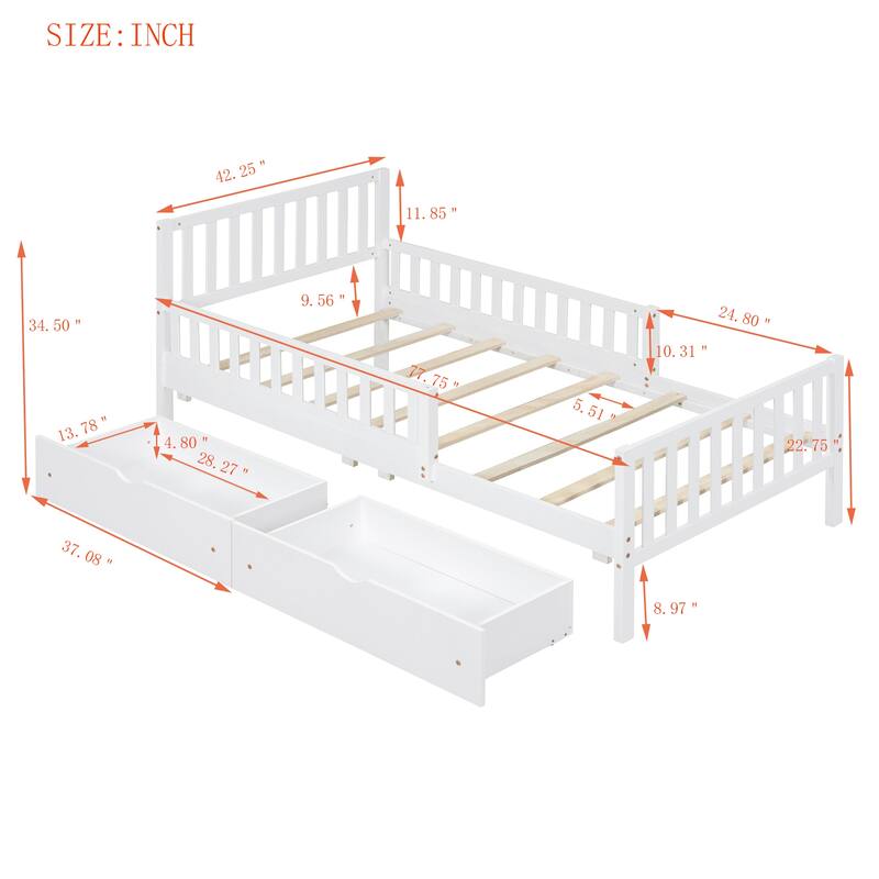 Twin Size Wooden Platform Bed Frame with Guardrails and Two Storage Drawers, Wood Construction, Children Bedroom Furniture