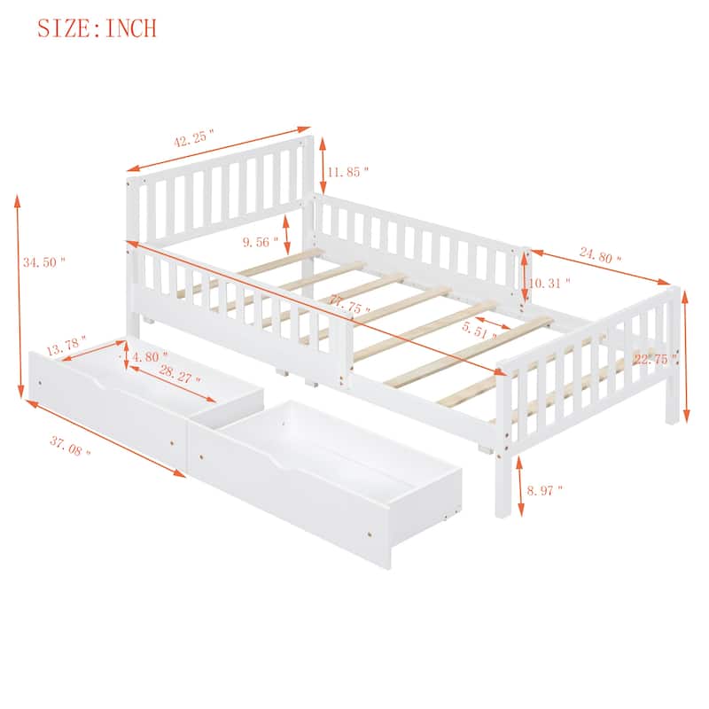 Twin Wooden Platform Bed with Storage Drawers and Side Safety Rails, No Box Spring Required